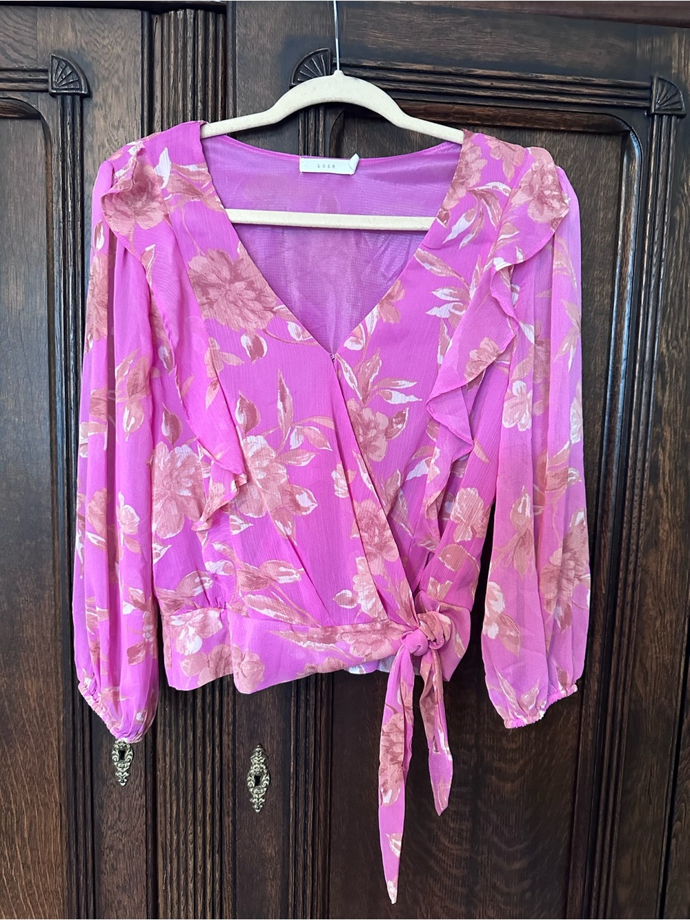 Lush Pink Floral Wrap Blouse